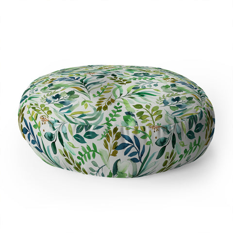 Ninola Design Botanic Retreat Loose Botanical Leaves Watercolor Green Floor Pillow Round