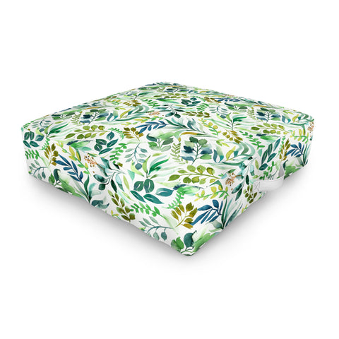 Ninola Design Botanic Retreat Loose Botanical Leaves Watercolor Green Outdoor Floor Cushion