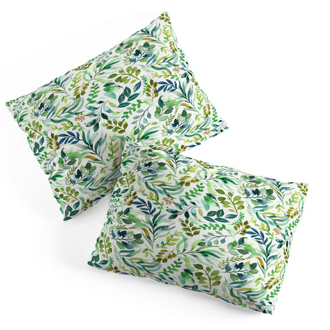 Ninola Design Botanic Retreat Loose Botanical Leaves Watercolor Green Pillow Shams