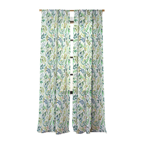 Ninola Design Botanic Retreat Loose Botanical Leaves Watercolor Green Sheer Window Curtain
