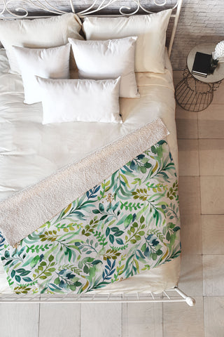 Ninola Design Botanic Retreat Loose Botanical Leaves Watercolor Green Fleece Throw Blanket