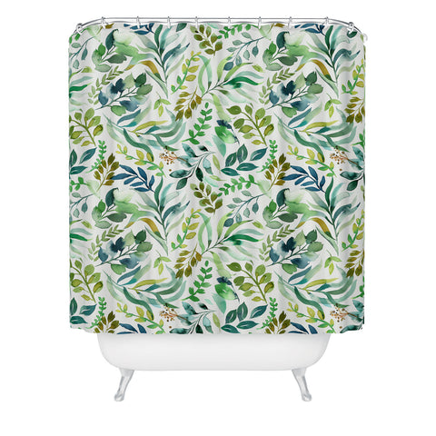 Ninola Design Botanic Retreat Loose Botanical Leaves Watercolor Green Shower Curtain
