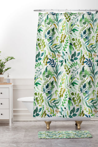 Ninola Design Botanic Retreat Loose Botanical Leaves Watercolor Green Shower Curtain And Mat