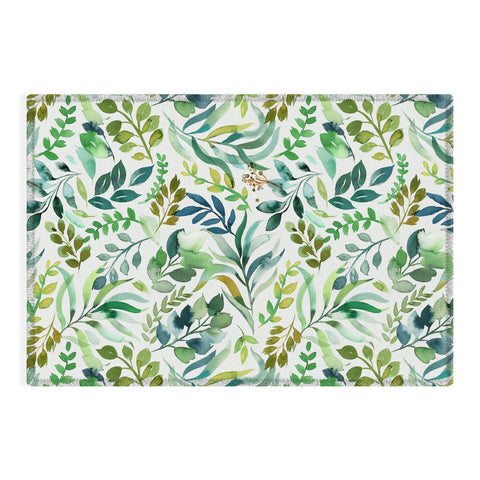 Ninola Design Botanic Retreat Loose Botanical Leaves Watercolor Green Outdoor Rug