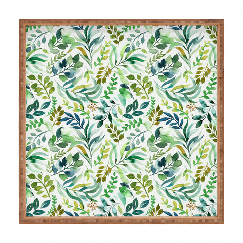 Ninola Design Botanic Retreat Loose Botanical Leaves Watercolor Green Square Tray
