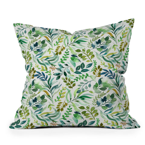 Ninola Design Botanic Retreat Loose Botanical Leaves Watercolor Green Throw Pillow