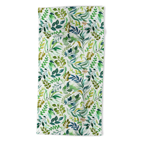 Ninola Design Botanic Retreat Loose Botanical Leaves Watercolor Green Beach Towel