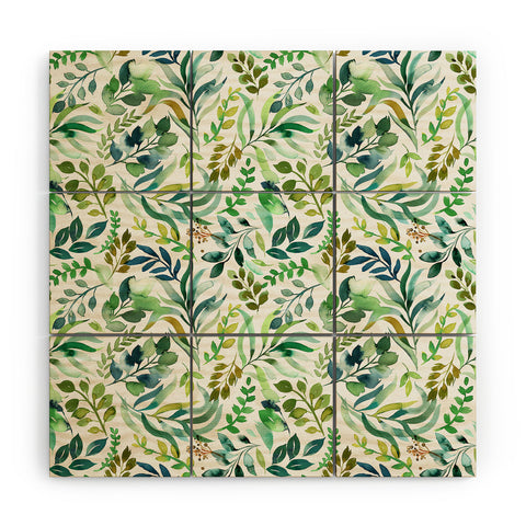 Ninola Design Botanic Retreat Loose Botanical Leaves Watercolor Green Wood Wall Mural