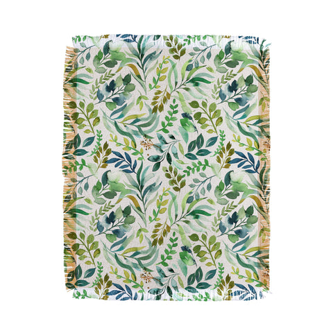 Ninola Design Botanic Retreat Loose Botanical Leaves Watercolor Green Throw Blanket