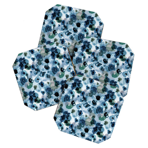 Ninola Design Botanic Retreat Ombre Abstract Watercolor Flowers Blue Navy Coaster Set