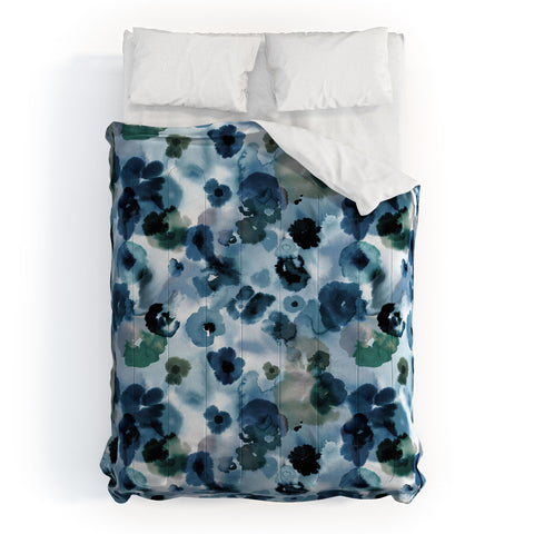 Ninola Design Botanic Retreat Ombre Abstract Watercolor Flowers Blue Navy Comforter