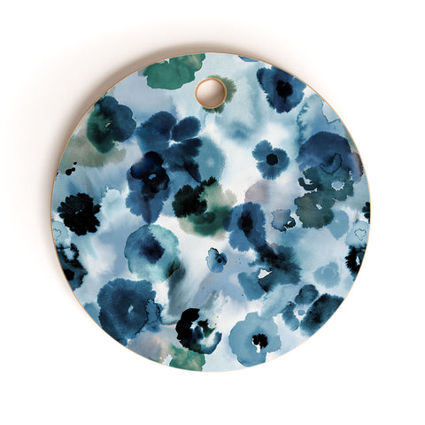 Ninola Design Botanic Retreat Ombre Abstract Watercolor Flowers Blue Navy Cutting Board Round