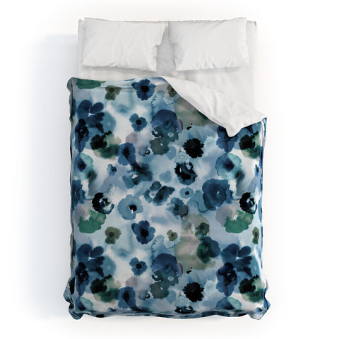 Ninola Design Botanic Retreat Ombre Abstract Watercolor Flowers Blue Navy Duvet Cover