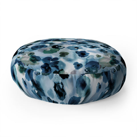 Ninola Design Botanic Retreat Ombre Abstract Watercolor Flowers Blue Navy Floor Pillow Round