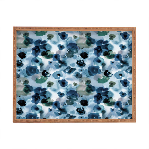Ninola Design Botanic Retreat Ombre Abstract Watercolor Flowers Blue Navy Rectangular Tray