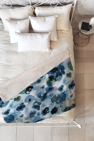 Ninola Design Botanic Retreat Ombre Abstract Watercolor Flowers Blue Navy Fleece Throw Blanket