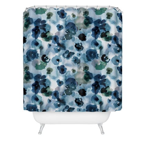 Ninola Design Botanic Retreat Ombre Abstract Watercolor Flowers Blue Navy Shower Curtain
