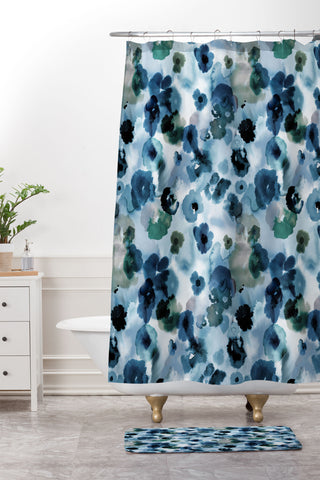 Ninola Design Botanic Retreat Ombre Abstract Watercolor Flowers Blue Navy Shower Curtain And Mat