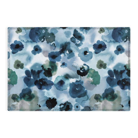Ninola Design Botanic Retreat Ombre Abstract Watercolor Flowers Blue Navy Outdoor Rug