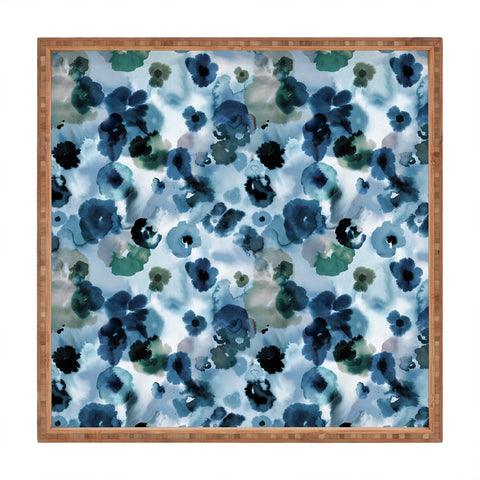 Ninola Design Botanic Retreat Ombre Abstract Watercolor Flowers Blue Navy Square Tray