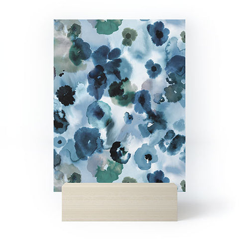 Ninola Design Botanic Retreat Ombre Abstract Watercolor Flowers Blue Navy Mini Art Print