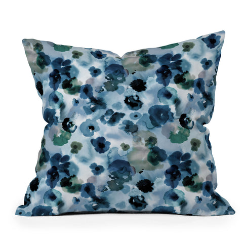Ninola Design Botanic Retreat Ombre Abstract Watercolor Flowers Blue Navy Throw Pillow