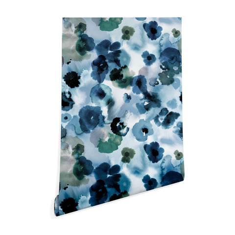 Ninola Design Botanic Retreat Ombre Abstract Watercolor Flowers Blue Navy Wallpaper