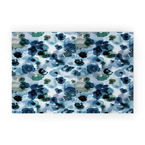 Ninola Design Botanic Retreat Ombre Abstract Watercolor Flowers Blue Navy Welcome Mat