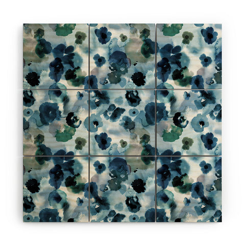 Ninola Design Botanic Retreat Ombre Abstract Watercolor Flowers Blue Navy Wood Wall Mural