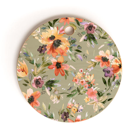 Ninola Design Botanic Retreat Painterly Tropical Flowers Sage Green Cutting Board Round