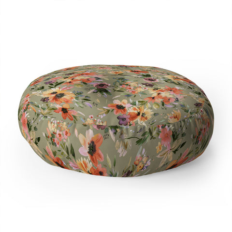Ninola Design Botanic Retreat Painterly Tropical Flowers Sage Green Floor Pillow Round