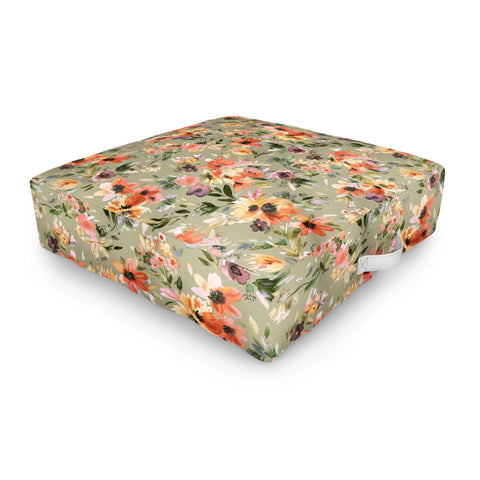 Ninola Design Botanic Retreat Painterly Tropical Flowers Sage Green Outdoor Floor Cushion