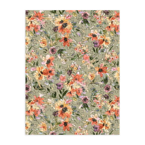 Ninola Design Botanic Retreat Painterly Tropical Flowers Sage Green Puzzle