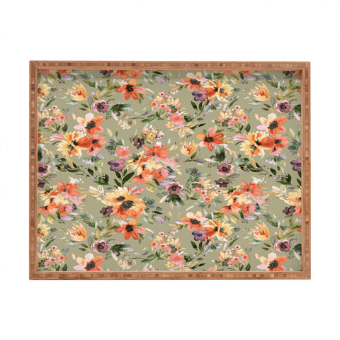 Ninola Design Botanic Retreat Painterly Tropical Flowers Sage Green Rectangular Tray