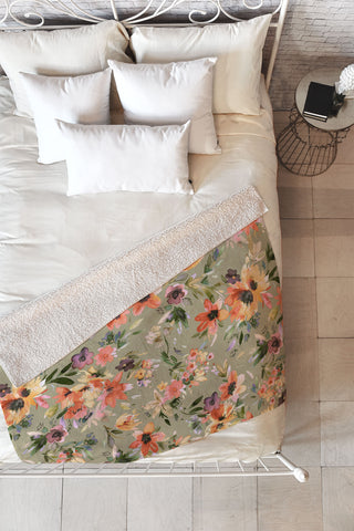Ninola Design Botanic Retreat Painterly Tropical Flowers Sage Green Fleece Throw Blanket