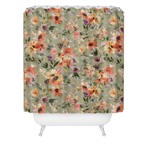 Ninola Design Botanic Retreat Painterly Tropical Flowers Sage Green Shower Curtain