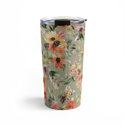 Ninola Design Botanic Retreat Painterly Tropical Flowers Sage Green Travel Mug