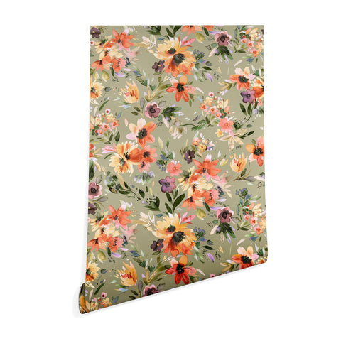 Ninola Design Botanic Retreat Painterly Tropical Flowers Sage Green Wallpaper