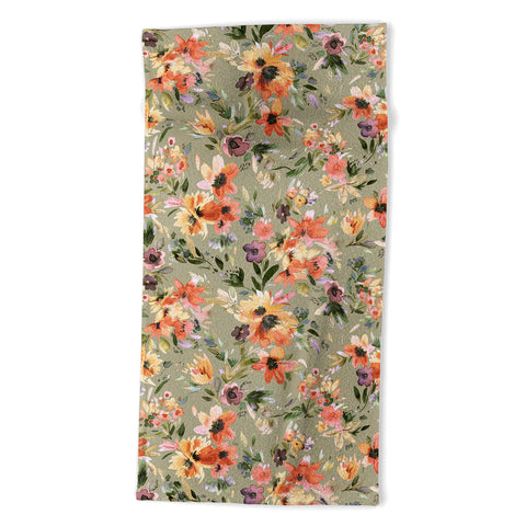 Ninola Design Botanic Retreat Painterly Tropical Flowers Sage Green Beach Towel