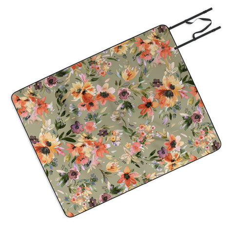 Ninola Design Botanic Retreat Painterly Tropical Flowers Sage Green Picnic Blanket