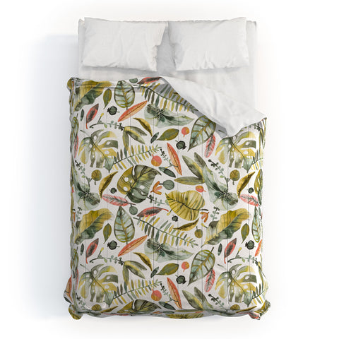 Ninola Design Botanic Retreat Tropical Jungle Leaves Botanical Green Orange Comforter