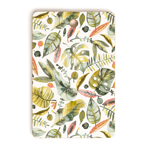 Ninola Design Botanic Retreat Tropical Jungle Leaves Botanical Green Orange Cutting Board Rectangle