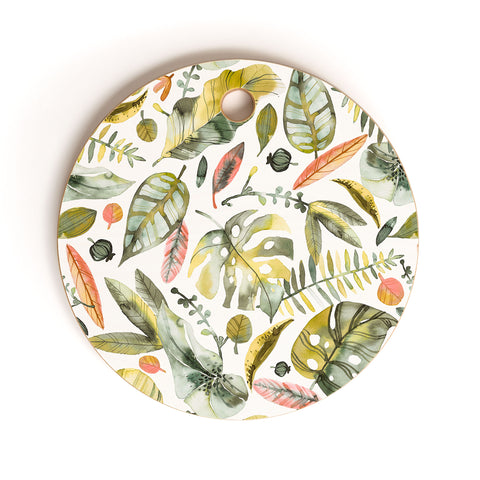 Ninola Design Botanic Retreat Tropical Jungle Leaves Botanical Green Orange Cutting Board Round