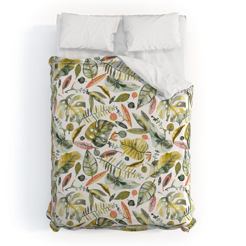 Ninola Design Botanic Retreat Tropical Jungle Leaves Botanical Green Orange Duvet Cover