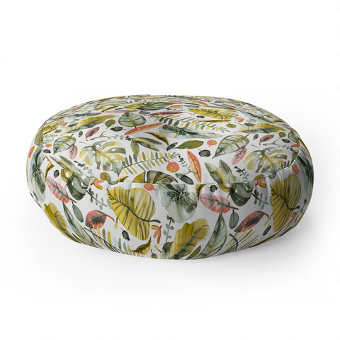 Ninola Design Botanic Retreat Tropical Jungle Leaves Botanical Green Orange Floor Pillow Round