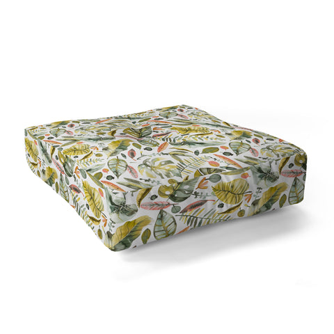 Ninola Design Botanic Retreat Tropical Jungle Leaves Botanical Green Orange Floor Pillow Square