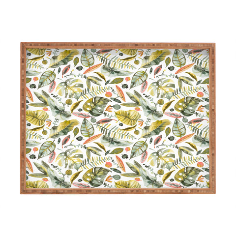 Ninola Design Botanic Retreat Tropical Jungle Leaves Botanical Green Orange Rectangular Tray