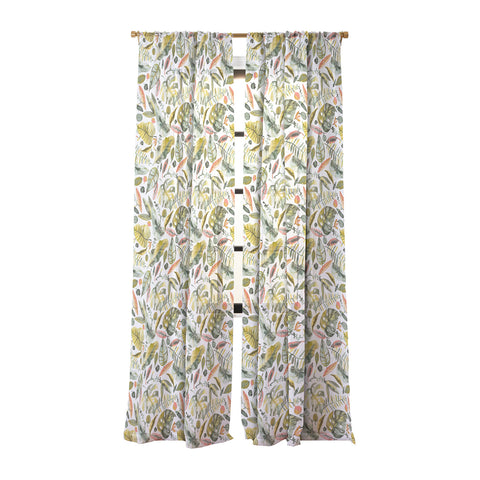 Ninola Design Botanic Retreat Tropical Jungle Leaves Botanical Green Orange Sheer Window Curtain