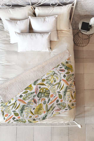 Ninola Design Botanic Retreat Tropical Jungle Leaves Botanical Green Orange Fleece Throw Blanket