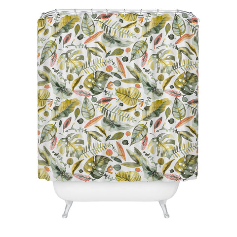 Ninola Design Botanic Retreat Tropical Jungle Leaves Botanical Green Orange Shower Curtain